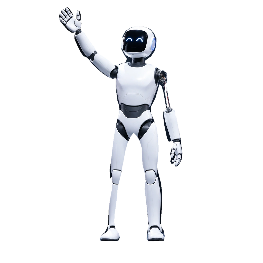 A sleek white smiling humanoid robot, raising its right hand while its left arm hangs disconnected from the shoulder by exposed wires.