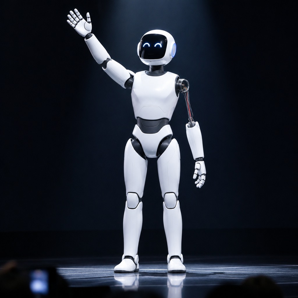 Verified original artwork 1812, Hello World's white humanoid robot on its original dark keynote stage.